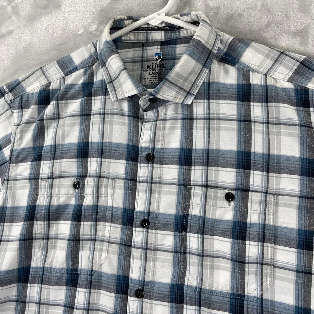 KUHL Shirt Mens Large STYK Button Up Blue Plaid Short Sleeve Pockets Outdoor